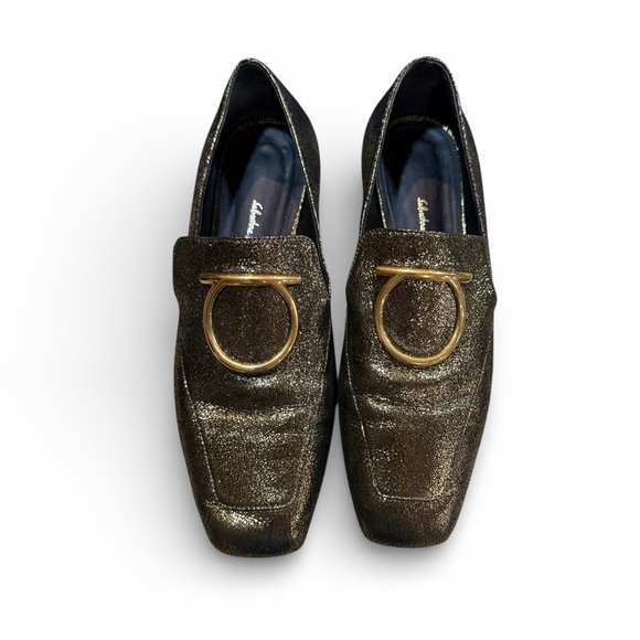 Salvatore Ferragamo Shoes - Ferragamo Gold Lana Loafers Gancini Square Toe 7.5B".